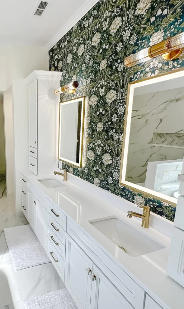 white bathroom design with floral backsplash